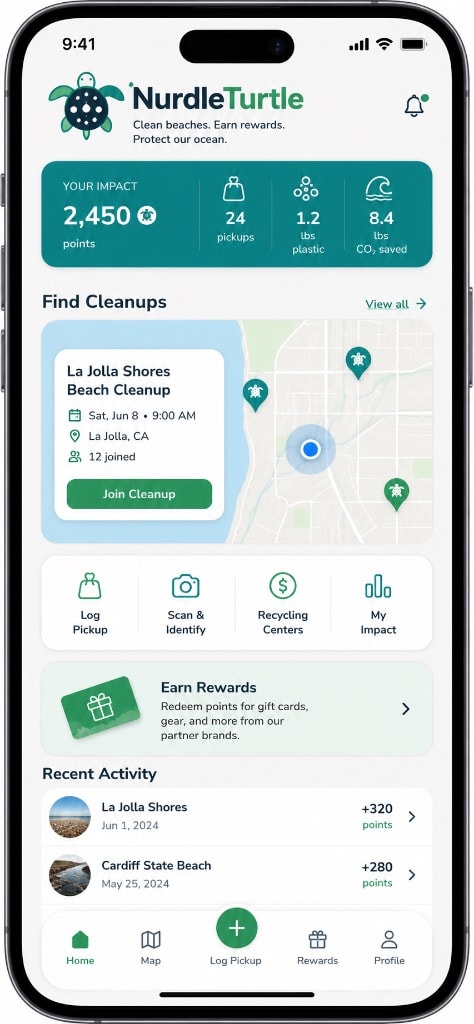 NurdleTurtle app — find cleanups, track impact, earn rewards